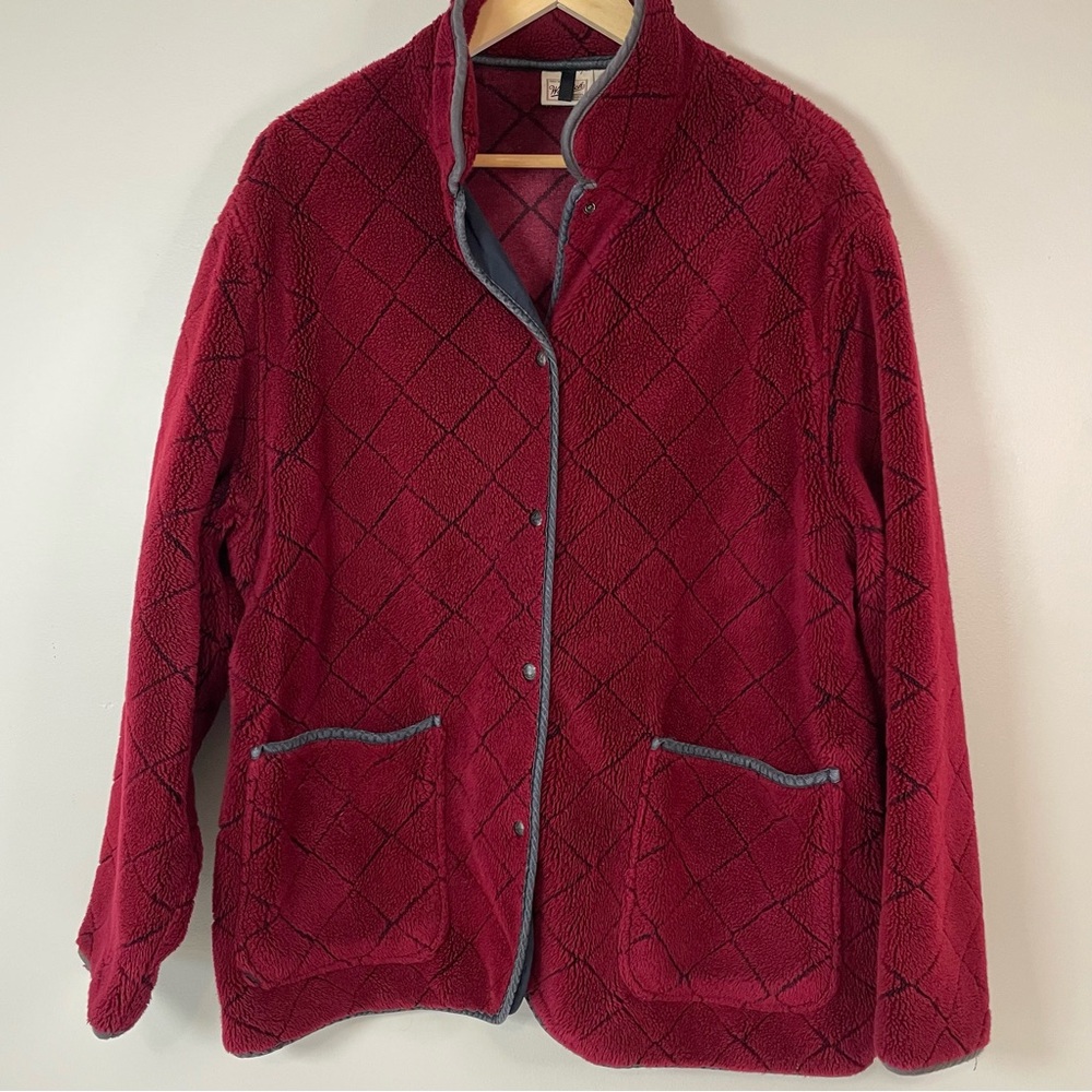 Vintage WOOLRICH XL Burgundy Snap Up Fleece Jacket Pockets Cozy USA‎ Western